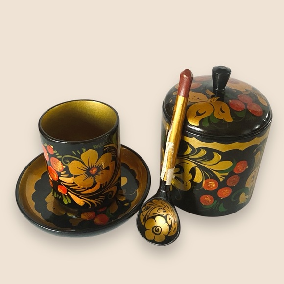 Russian Khokhloma Vintage Lacquerware 4pc Set Canister Cup Bowl Spoon Handmade - Picture 2 of 8